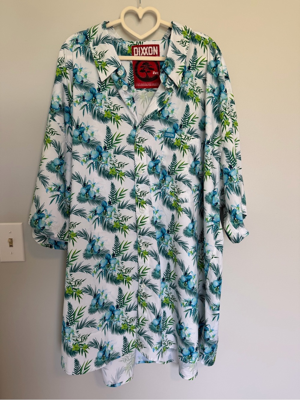 DIXXON White Button-Down Shirt with Blue & Green Tropical Print
